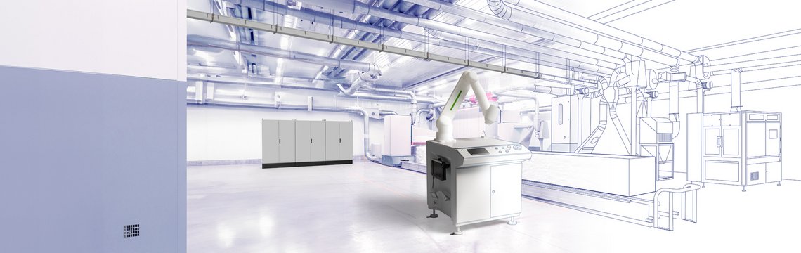 Hintergrundbild mit Schaltschränken in gezeichneter und echter Form. Ganz vorne ist ein Cobot-Roboter Arbeitsplatz.