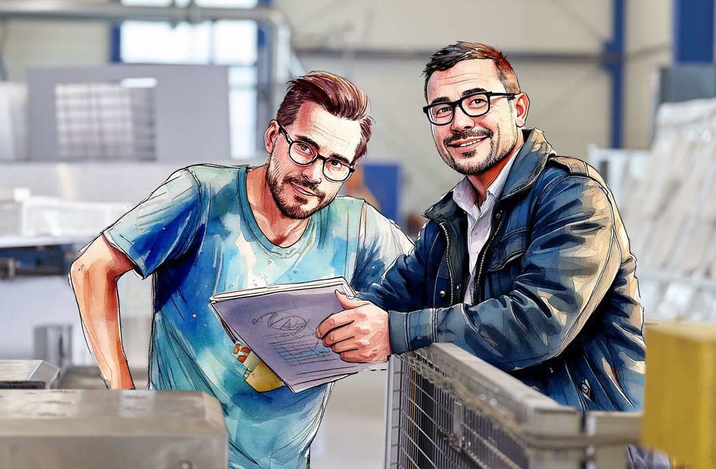Zwei Mitarbeiter nebeneinander. Die Person rechts hält ein elektrisches Gerät in den Händen.