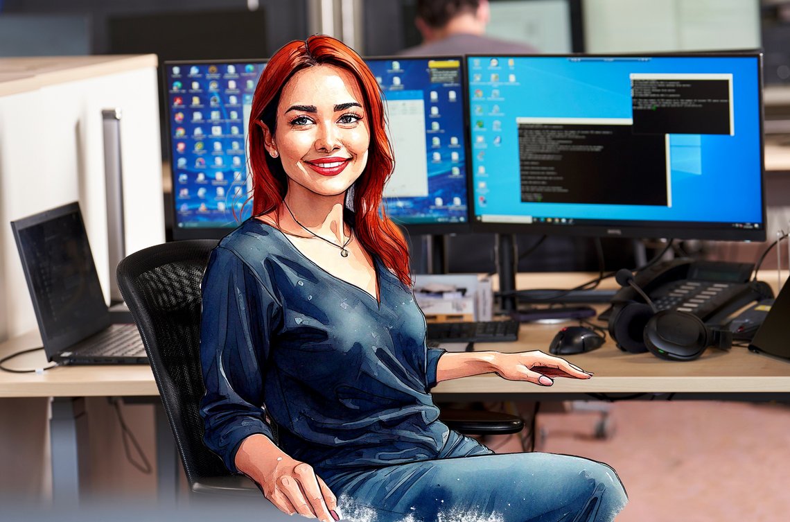 IT-Mitarbeiterin Frau Stolz. Im Hintergrund befinden sich zwei PC Monitore.