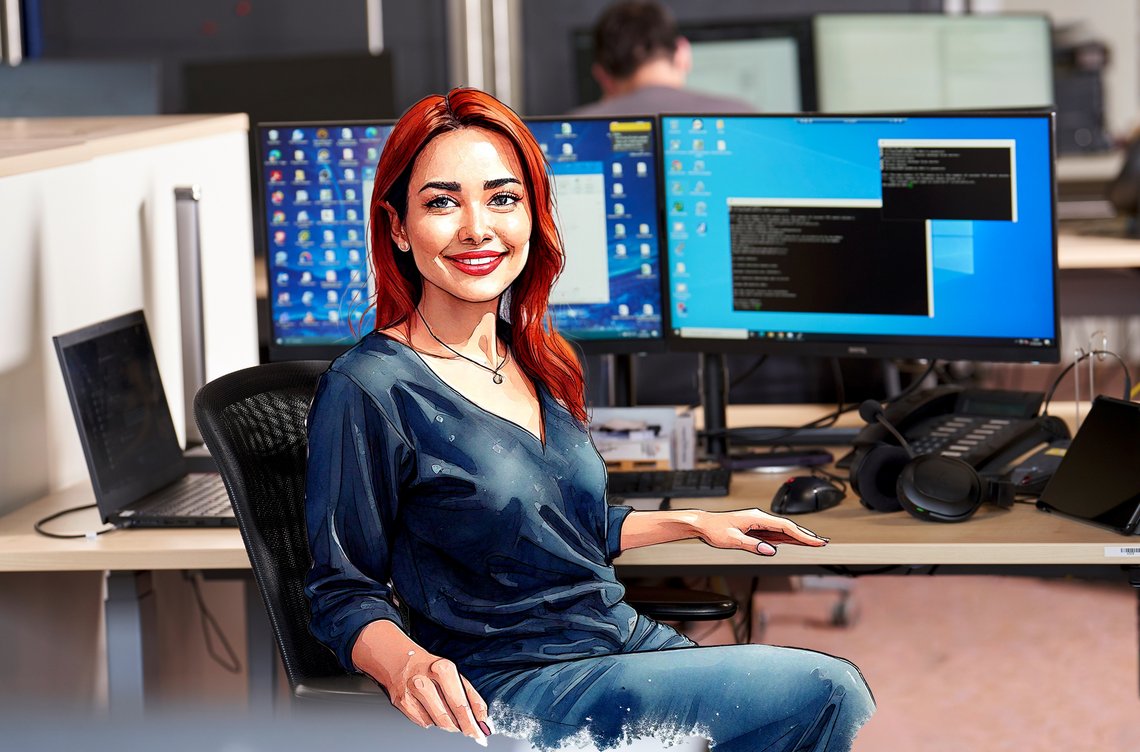 IT-Mitarbeiterin Frau Stolz. Im Hintergrund befinden sich zwei PC Monitore.