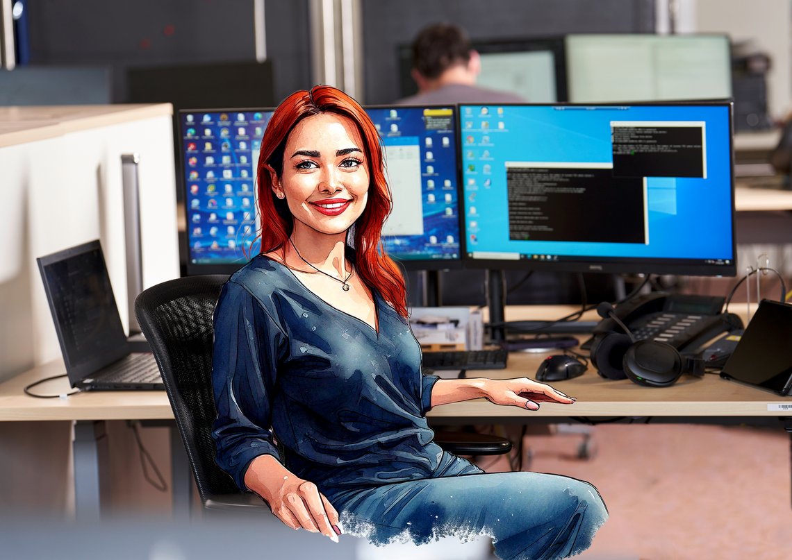 IT-Mitarbeiterin Frau Stolz. Im Hintergrund befinden sich zwei PC Monitore.